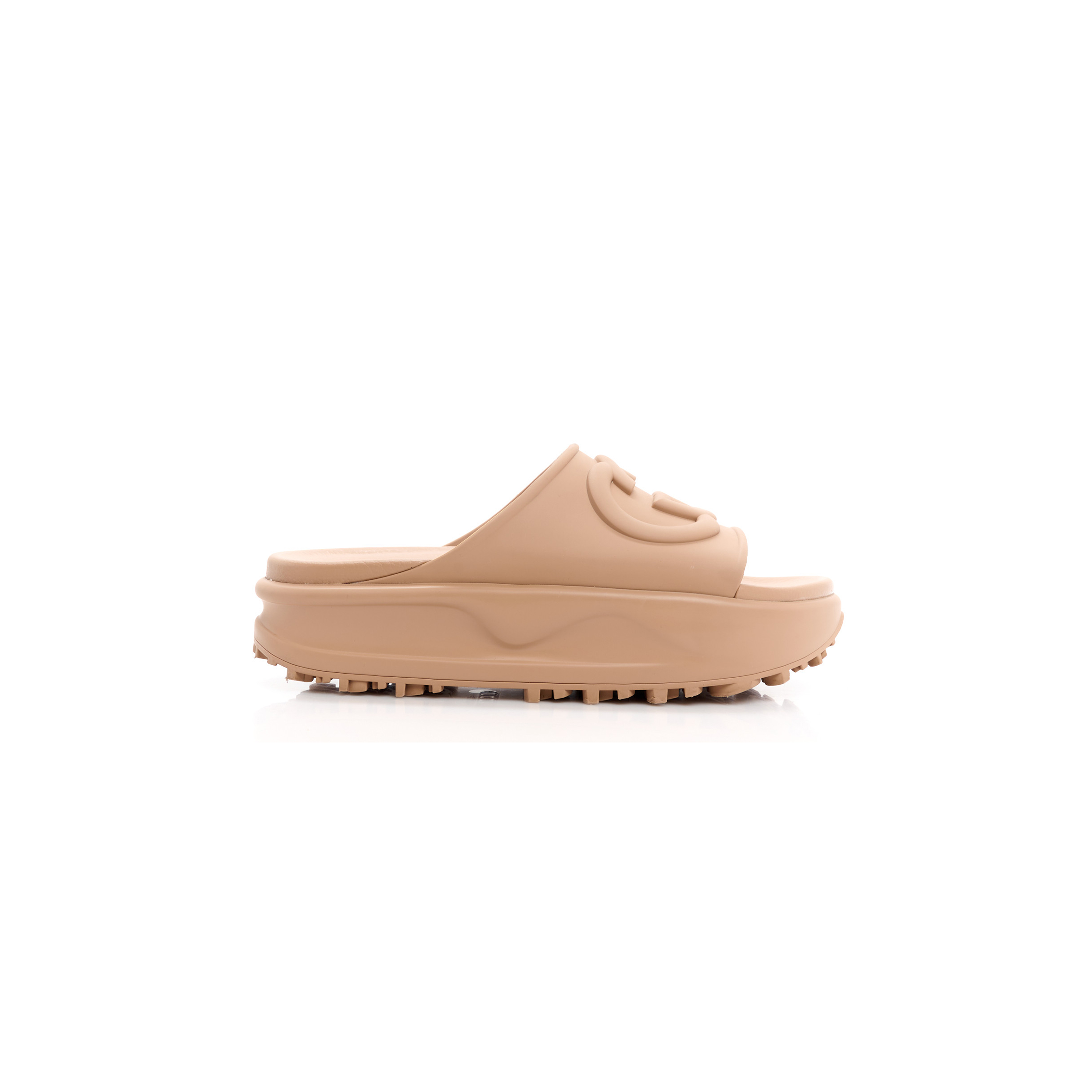 GUCCI SOFT RUBBER WOMENS INTERLOCKING G PLATFORM SLIDE SAND 692845